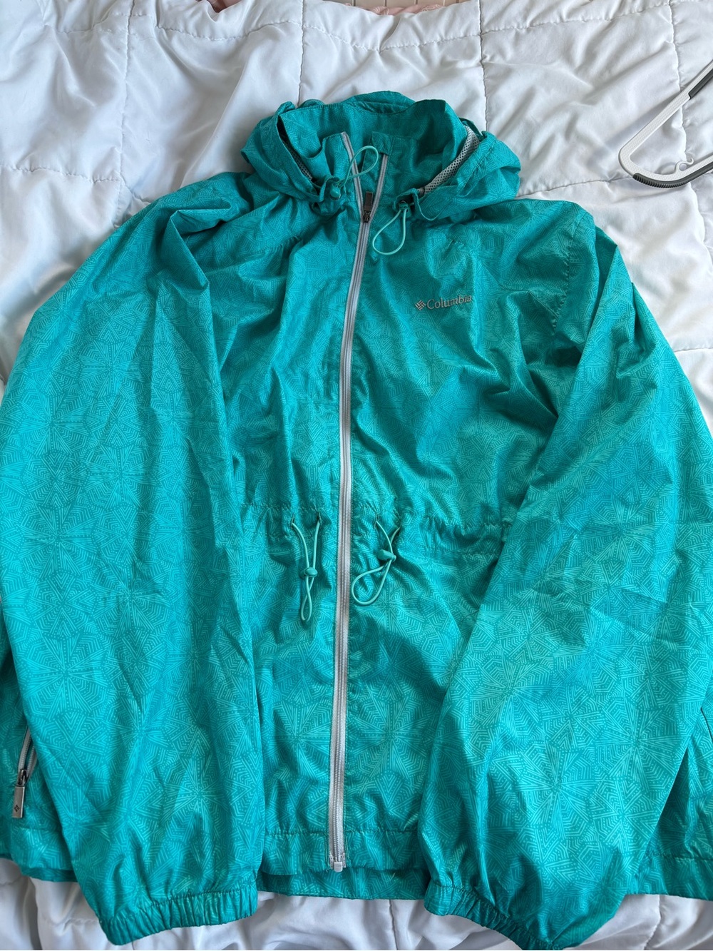 Columbia Flash Forward Windbreaker Womens XL Teal Geo Print Hooded Mesh